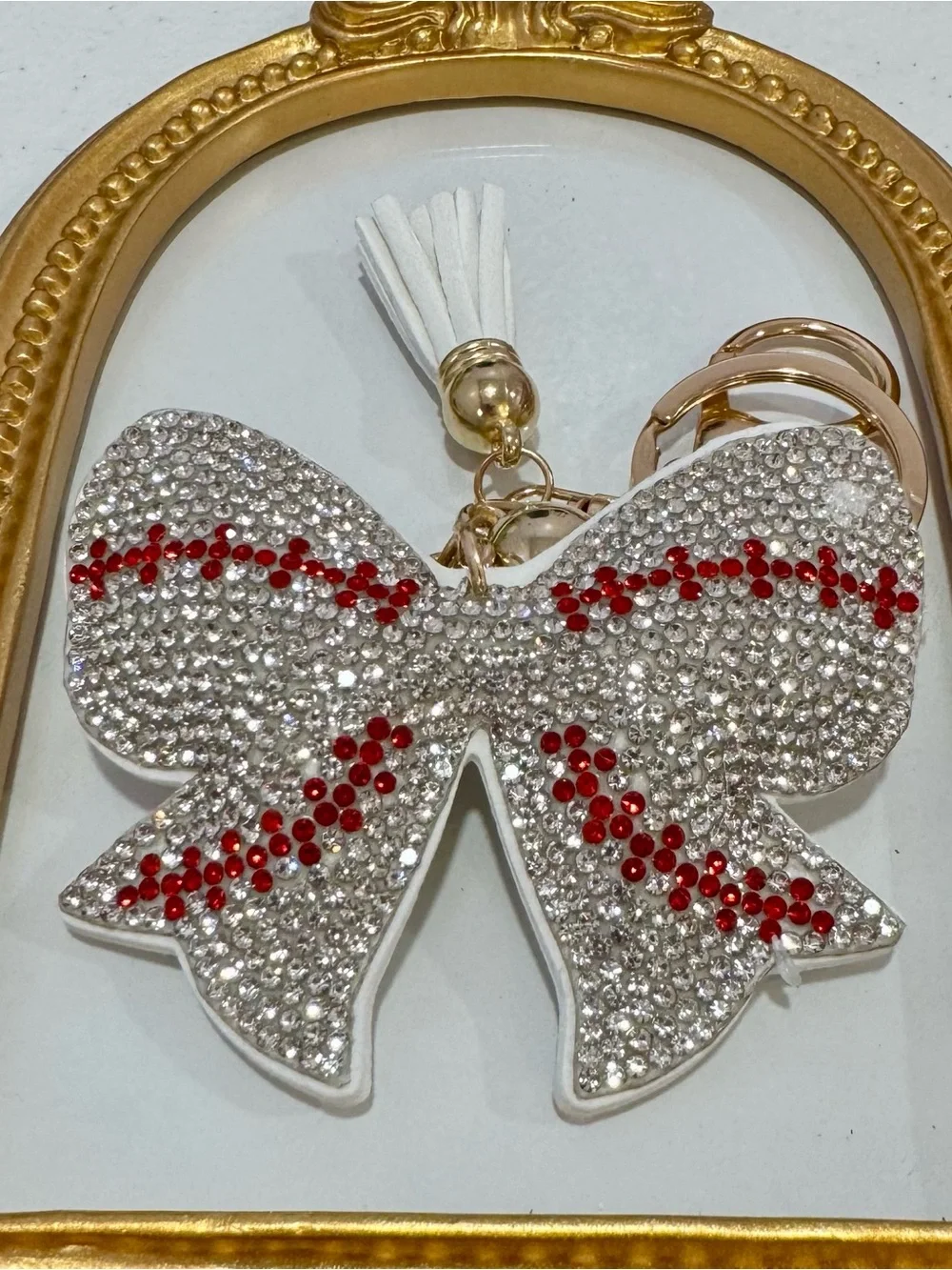 New Crystal Baseball Bow Keychain with Red Accent and White Tassel
